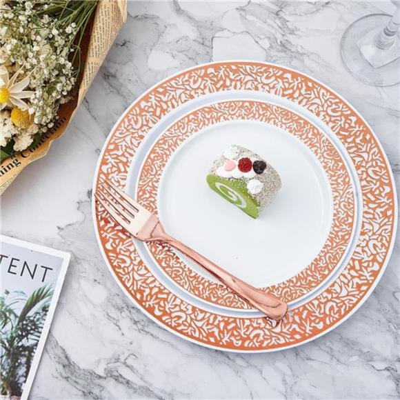 210 Count Rose Gold Plastic Dinnerware Disposable Plates 30 Dinner Plates - Picture 3 of 7